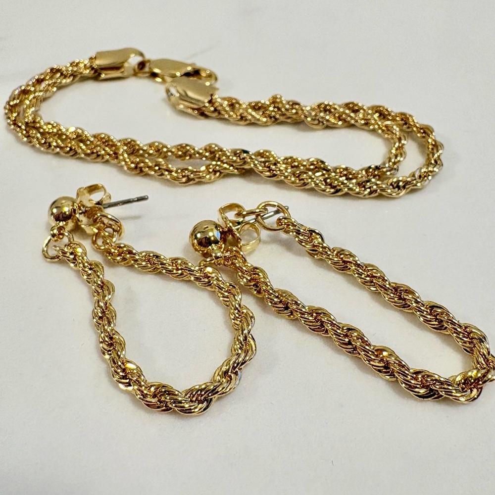 Vintage 90s Avon Gold Rope Chain Bracelet & Front-Back Drop Earrings Set NIB